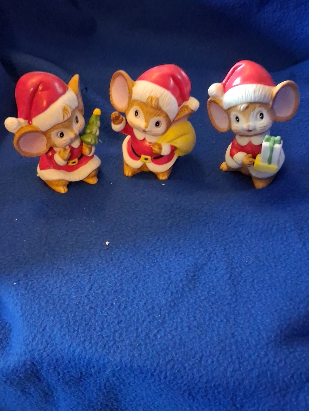 Homco Three Christmas Mouse Figurines in Red and Cream